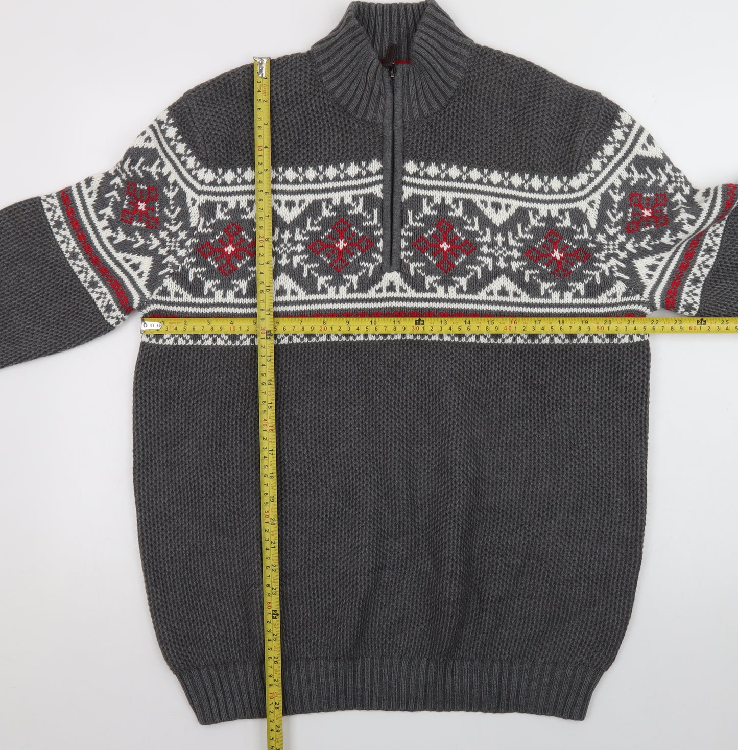 IZOD Men's Grey Fair Isle 1/4 Zip Cotton Jumper Size L