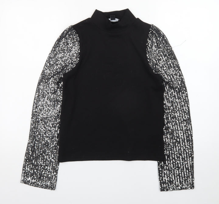 New Look Womens Black Sequin Sleeve High Neck Jumper Size 6