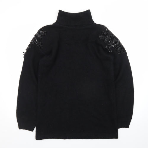 Nilani Women Black Beaded Roll Neck Long Sleeve Sweater Dress M