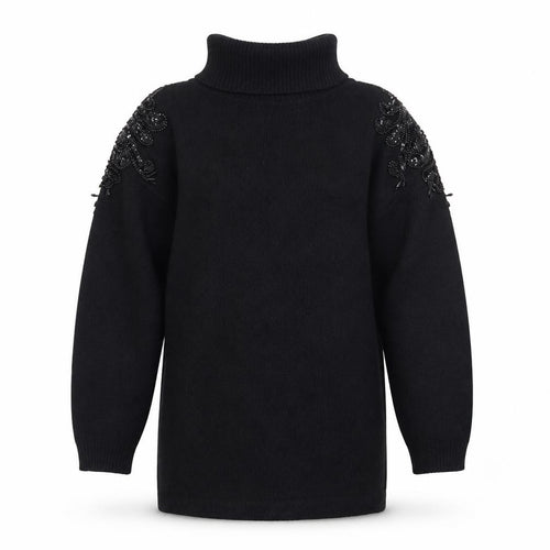 Nilani Women Black Beaded Roll Neck Long Sleeve Sweater Dress M