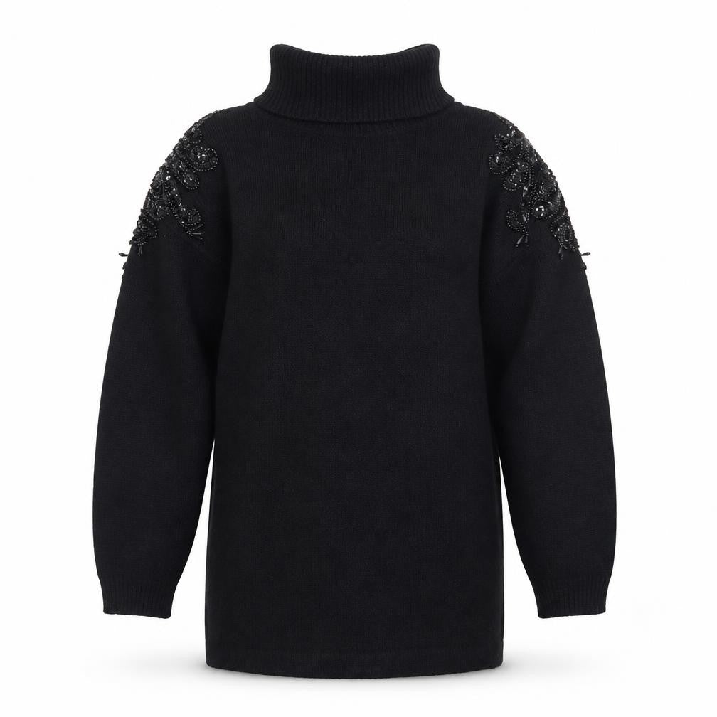 Nilani Women Black Beaded Roll Neck Long Sleeve Sweater Dress M