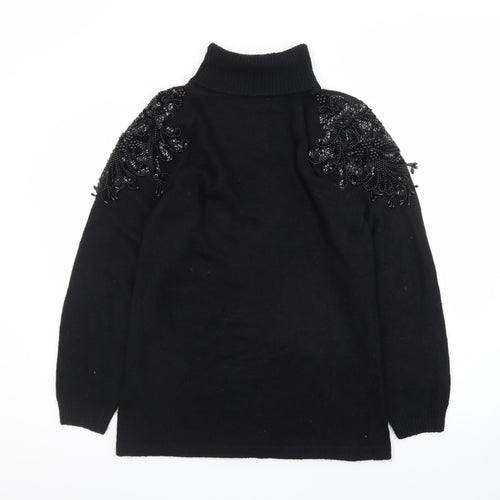 Nilani Women Black Beaded Roll Neck Long Sleeve Sweater Dress M