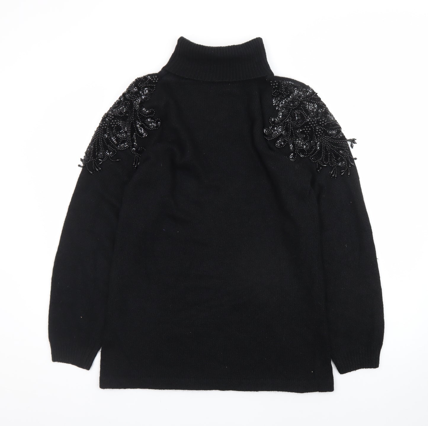 Nilani Women Black Beaded Roll Neck Long Sleeve Sweater Dress M