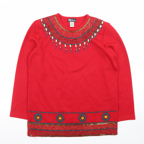 DL McKelvey Womens Red Beaded Wool Acrylic Boho Pullover Jumper M