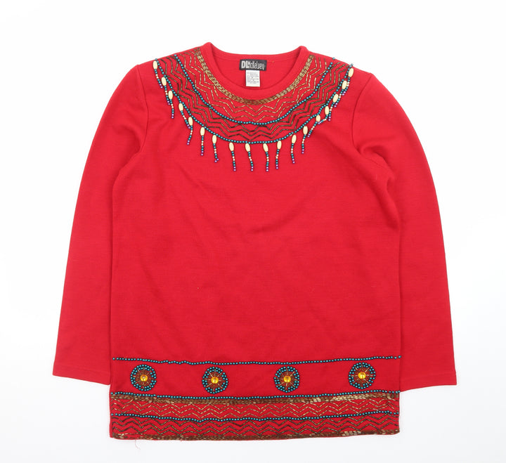 DL McKelvey Womens Red Beaded Wool Acrylic Boho Pullover Jumper M