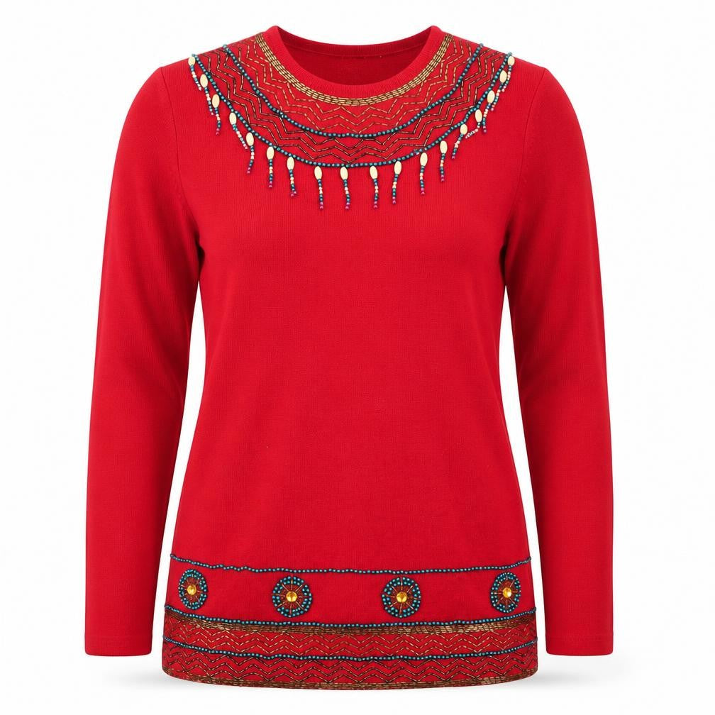 Front view of DL McKelvey women’s red beaded wool acrylic boho jumper m