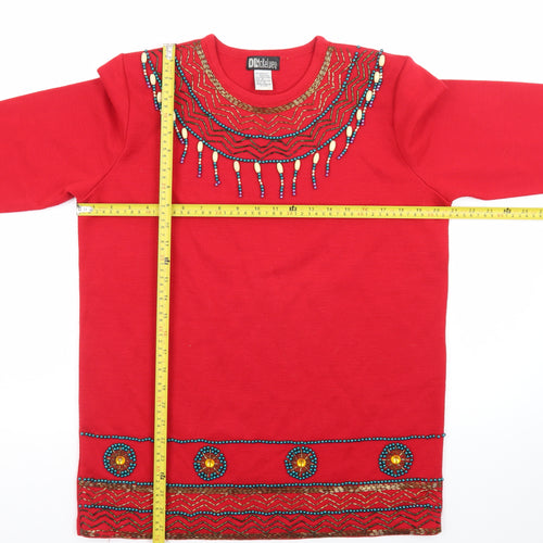 DL McKelvey Womens Red Beaded Wool Acrylic Boho Pullover Jumper M