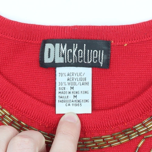 DL McKelvey Womens Red Beaded Wool Acrylic Boho Pullover Jumper M