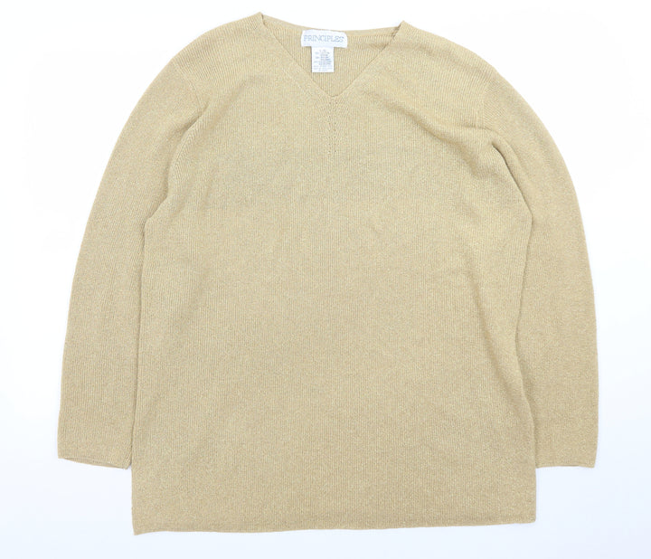 Principles Women Beige V-Neck Long Sleeve Pullover Jumper L