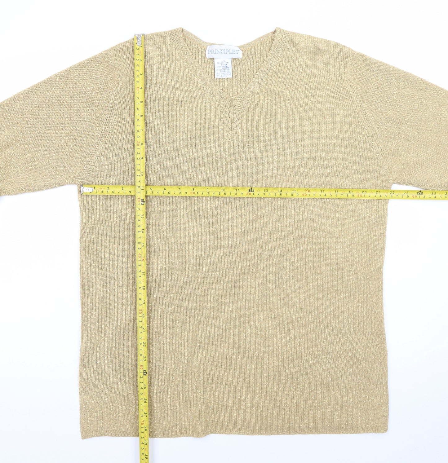 Principles Women Beige V-Neck Long Sleeve Pullover Jumper L