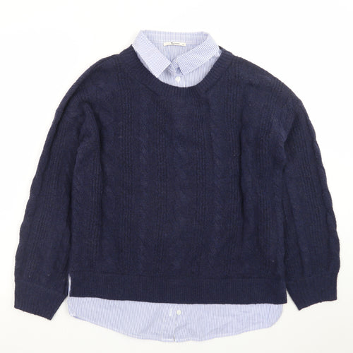 Tu Women Blue Size 8 Cable-Knit Crew Neck Layered Jumper