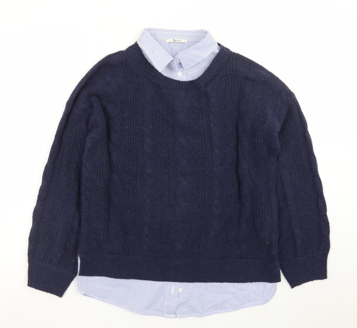 Tu Women Blue Size 8 Cable-Knit Crew Neck Layered Jumper