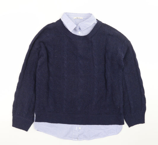 Tu Women Blue Size 8 Cable-Knit Crew Neck Layered Jumper