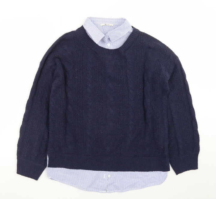 Tu Women Blue Size 8 Cable-Knit Crew Neck Layered Jumper