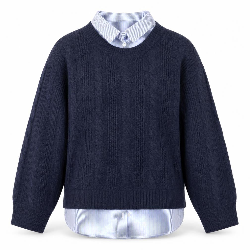 Front view of Tu Women Blue, size 8, Cable-Knit Crew Neck Layered Jumper