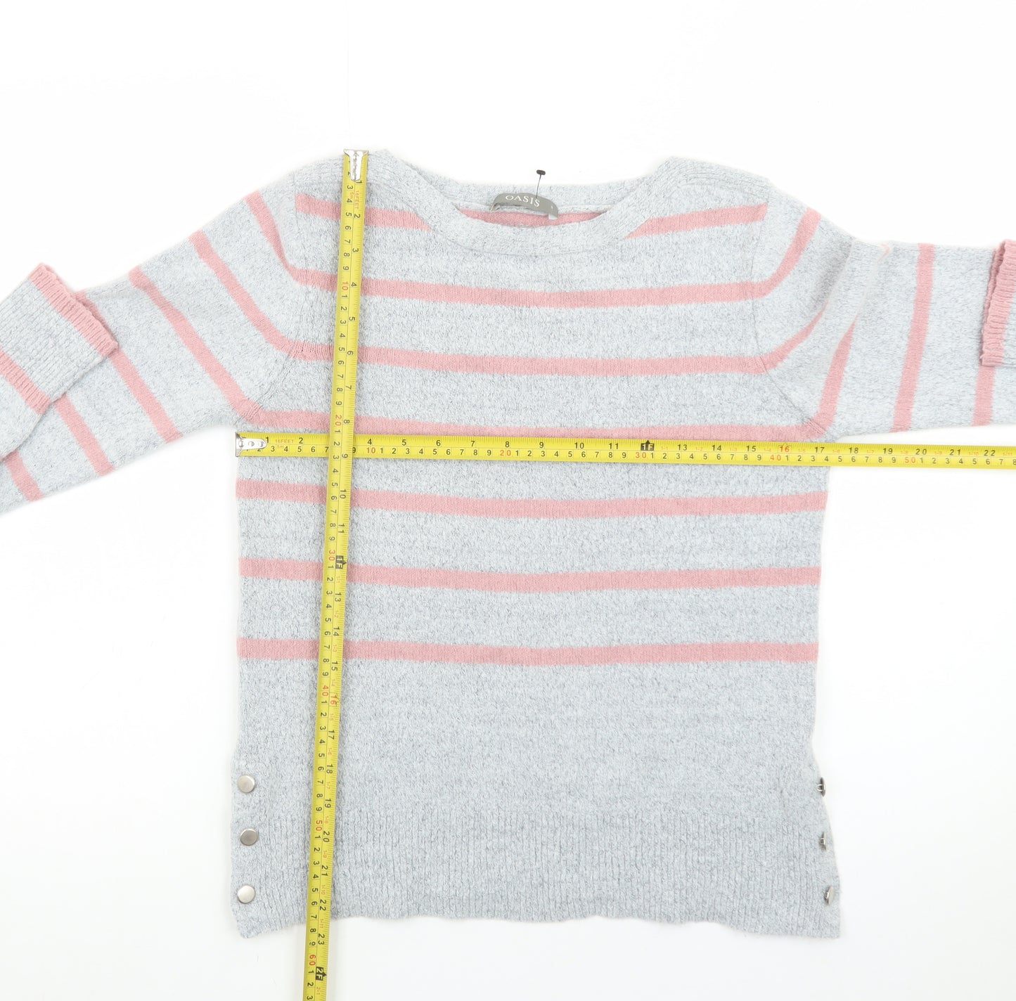 Oasis Women’s Grey Pink Striped Crew Neck Knit Jumper Size S