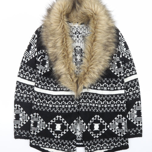 Miss Selfridge Women's Black Aztec Faux Fur Trim Knit Cardigan Size 10