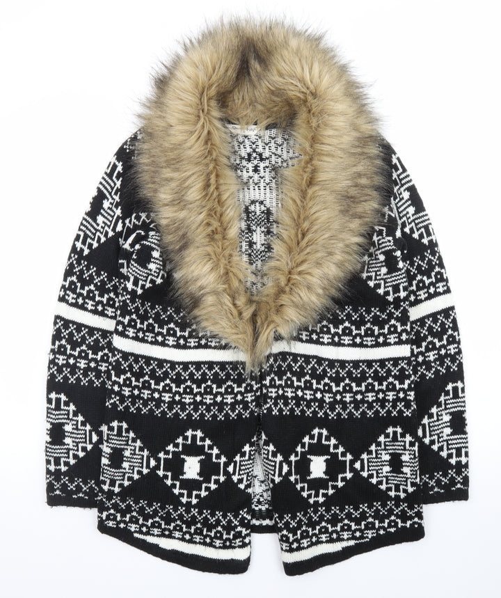 Miss Selfridge Women's Black Aztec Faux Fur Trim Knit Cardigan Size 10