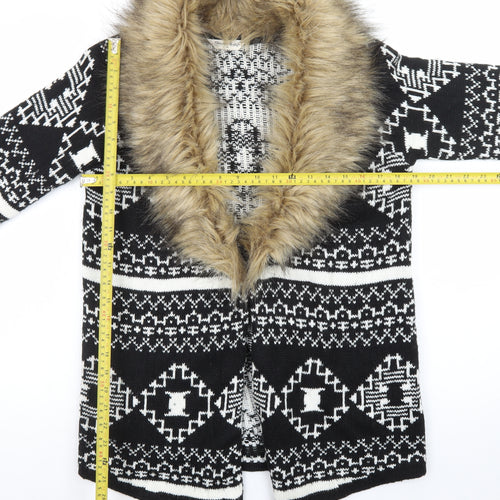 Miss Selfridge Women's Black Aztec Faux Fur Trim Knit Cardigan Size 10