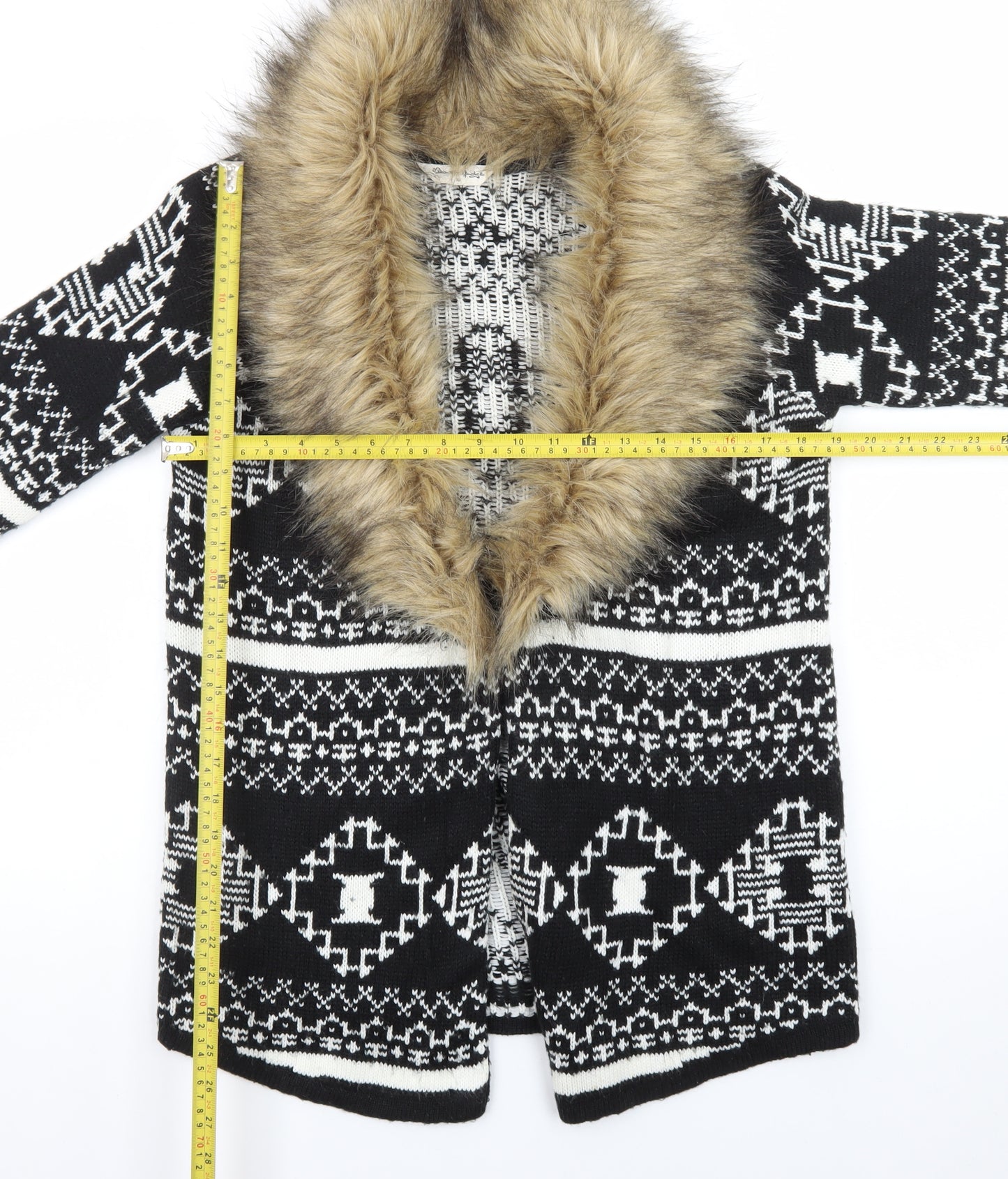 Miss Selfridge Women's Black Aztec Faux Fur Trim Knit Cardigan Size 10