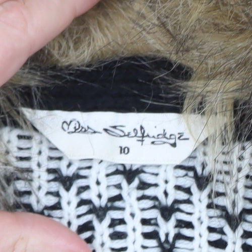 Miss Selfridge Women's Black Aztec Faux Fur Trim Knit Cardigan Size 10