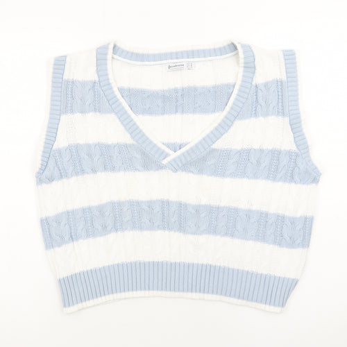 Stradivarius Womens Blue White Striped Cable Knit V-Neck Vest Size 12