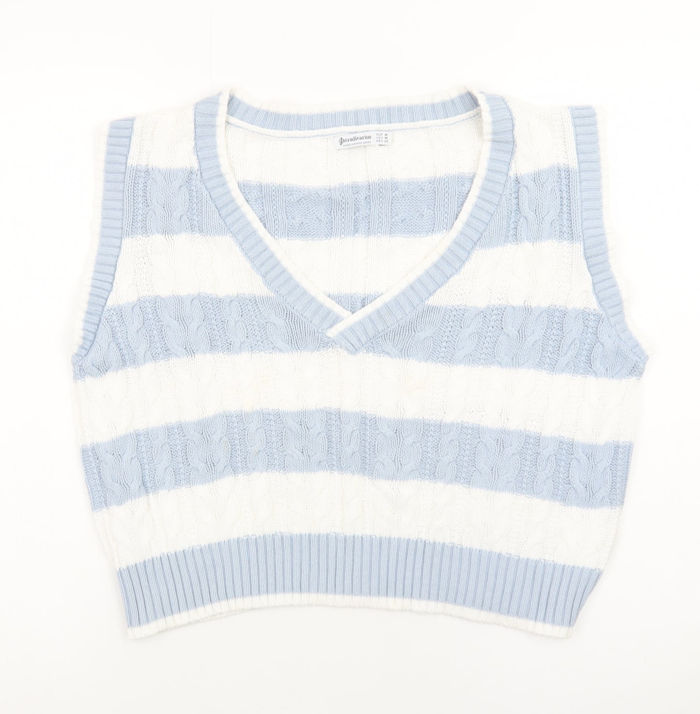 Stradivarius Womens Blue White Striped Cable Knit V-Neck Vest Size 12
