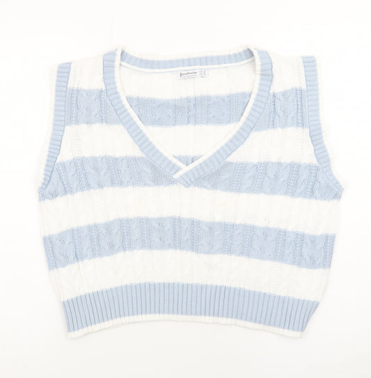 Stradivarius Womens Blue White Striped Cable Knit V-Neck Vest Size 12