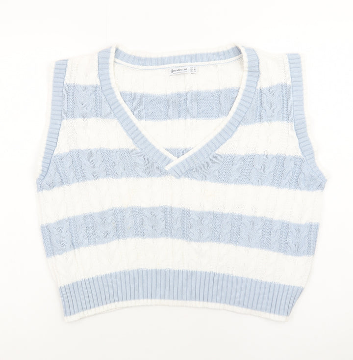 Stradivarius Womens Blue White Striped Cable Knit V-Neck Vest Size 12