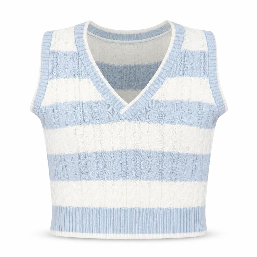 Front view of Stradivarius women’s blue white striped cable knit v-neck vest, size UK 12