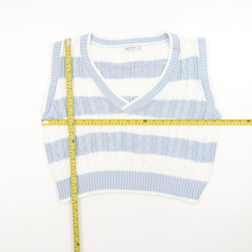 Stradivarius Womens Blue White Striped Cable Knit V-Neck Vest Size 12