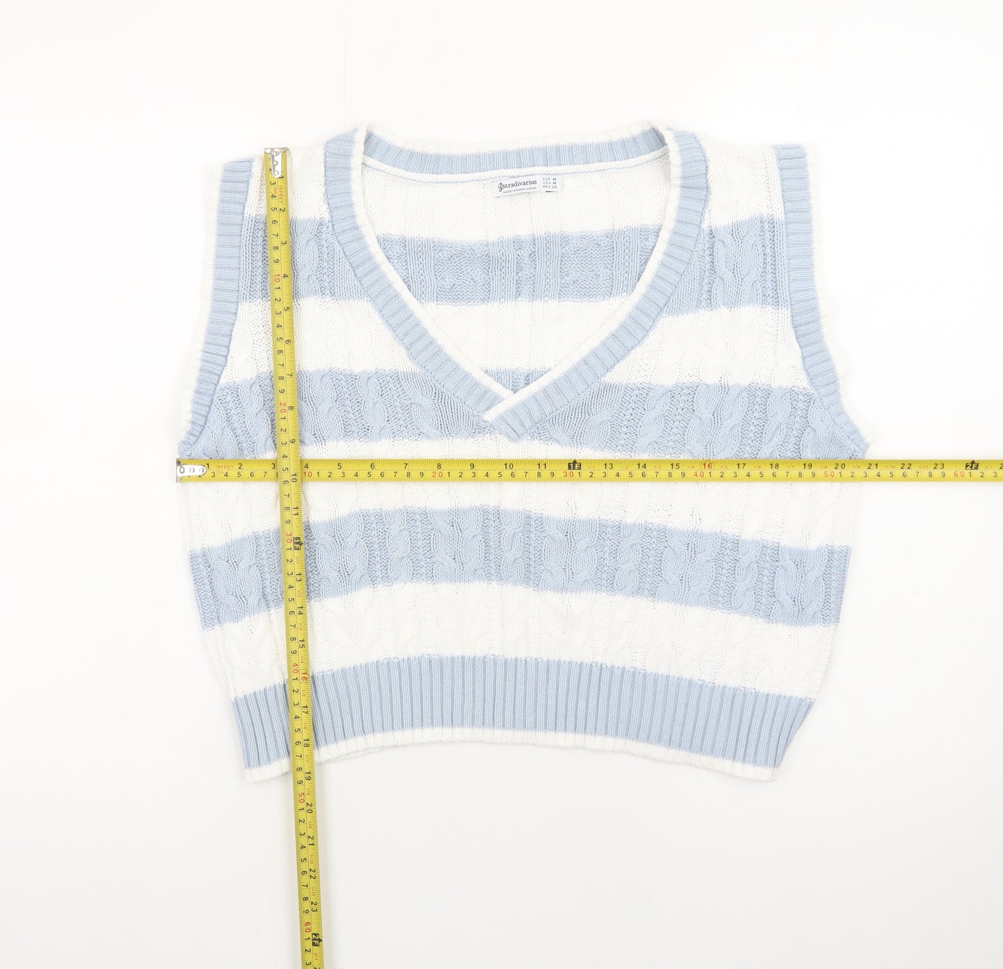 Stradivarius Womens Blue White Striped Cable Knit V-Neck Vest Size 12