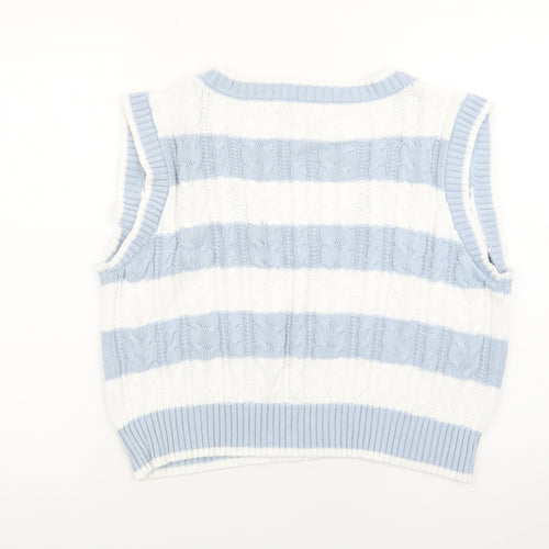 Stradivarius Womens Blue White Striped Cable Knit V-Neck Vest Size 12