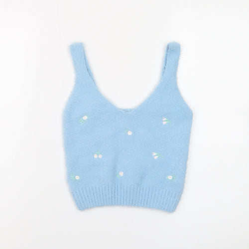 New Look Women Blue Floral Knit V-Neck Vest Jumper Size M