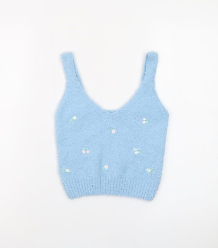 New Look Women Blue Floral Knit V-Neck Vest Jumper Size M