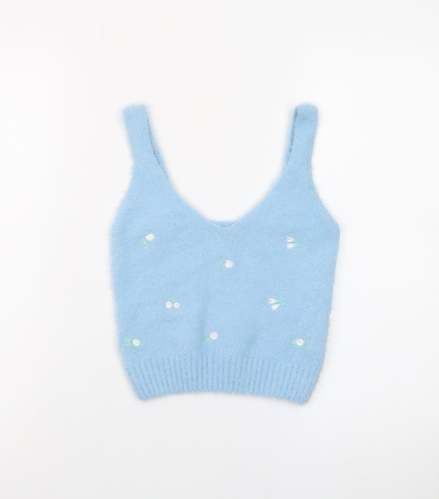 New Look Women Blue Floral Knit V-Neck Vest Jumper Size M