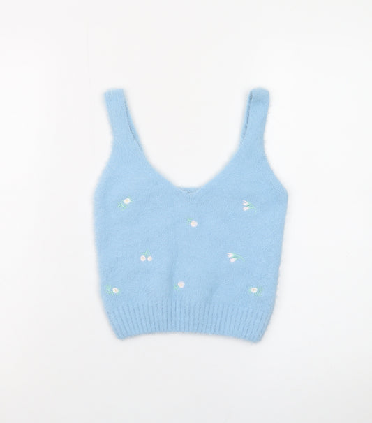 New Look Women Blue Floral Knit V-Neck Vest Jumper Size M