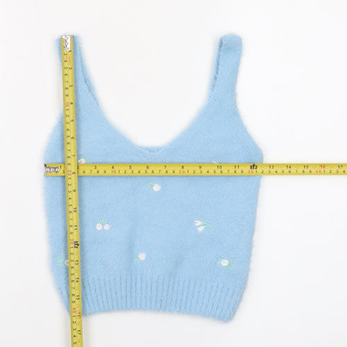 New Look Women Blue Floral Knit V-Neck Vest Jumper Size M