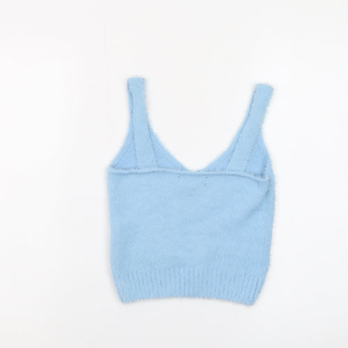 New Look Women Blue Floral Knit V-Neck Vest Jumper Size M