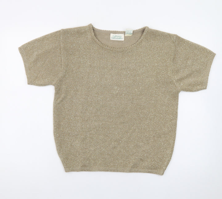Colleen's Collectables Women's Beige Metallic Knit Short Sleeve Jumper Size S