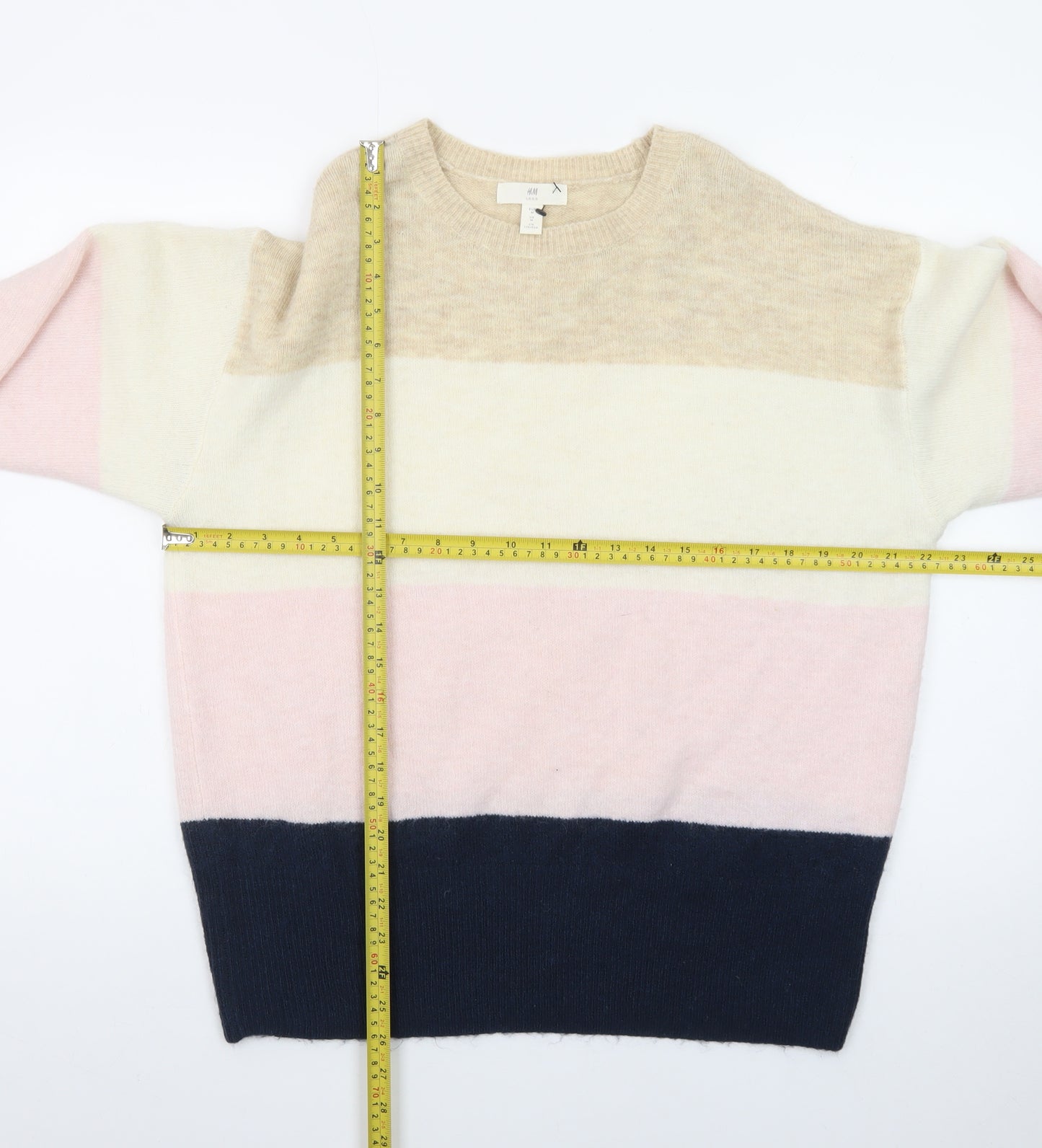 H&M Women Beige Pink Blue Striped Wool Blend Pullover Jumper M