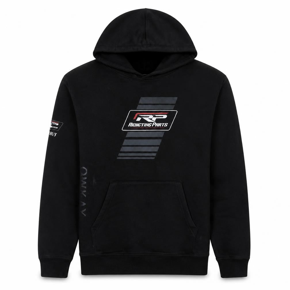 Front view of Russell Men's Black Pullover Hoodie RP Reactive Parts Logo, size L