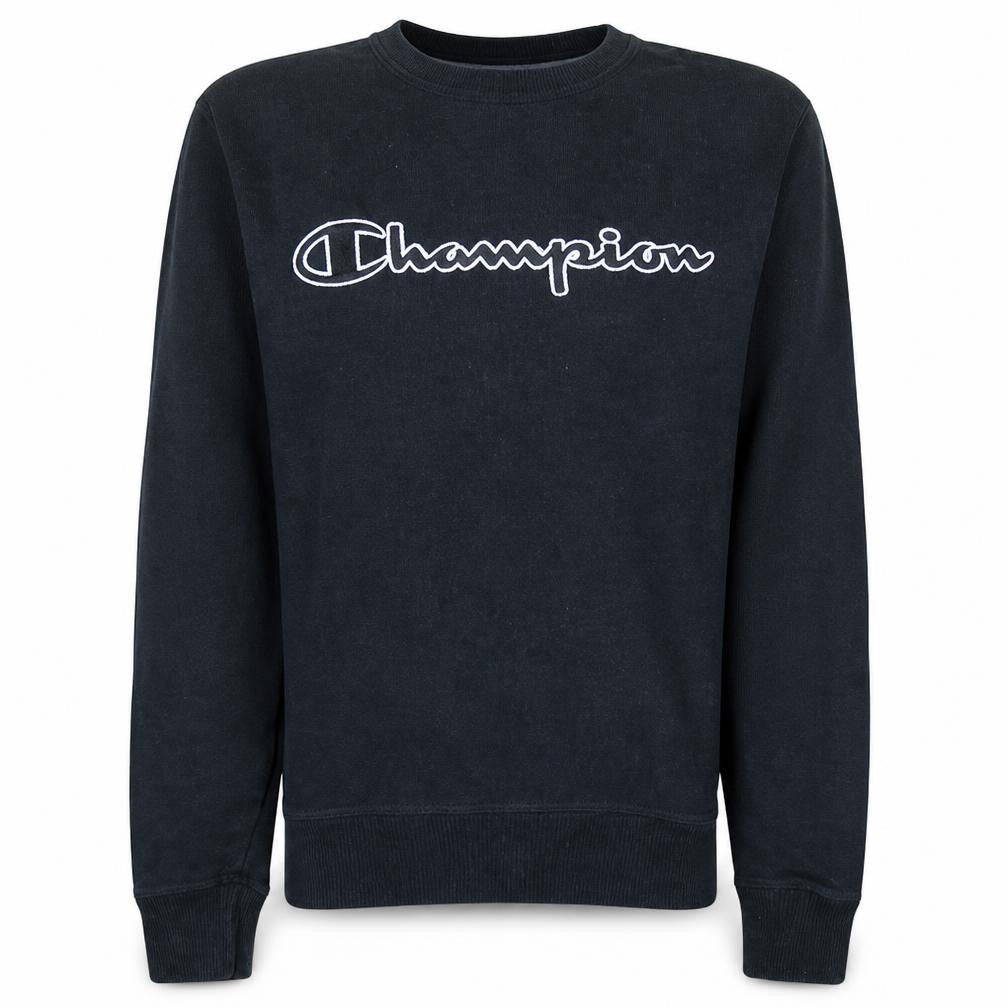Front view of Champion Men's Black Small Crew Neck Logo Pullover Sweatshirt