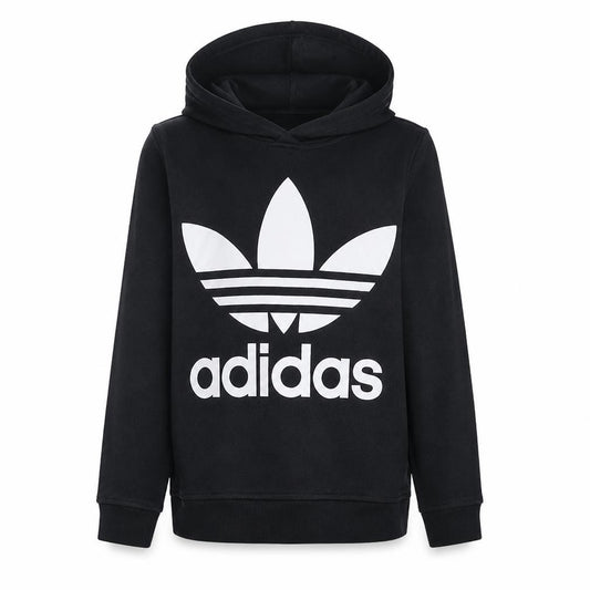 Front view of Adidas women’s black small trefoil pullover hoodie sweatshirt