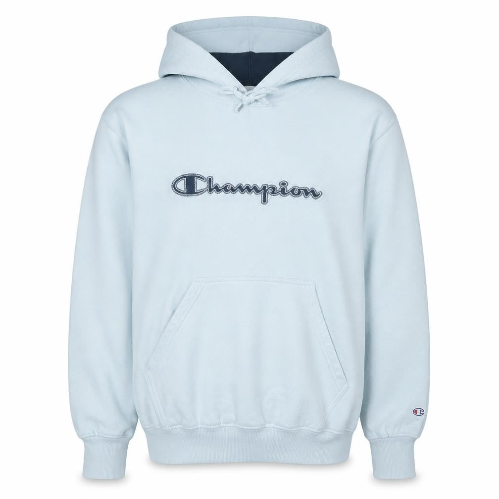 Front view of Champion Men's White Pullover Hoodie L Logo Fleece Sweatshirt