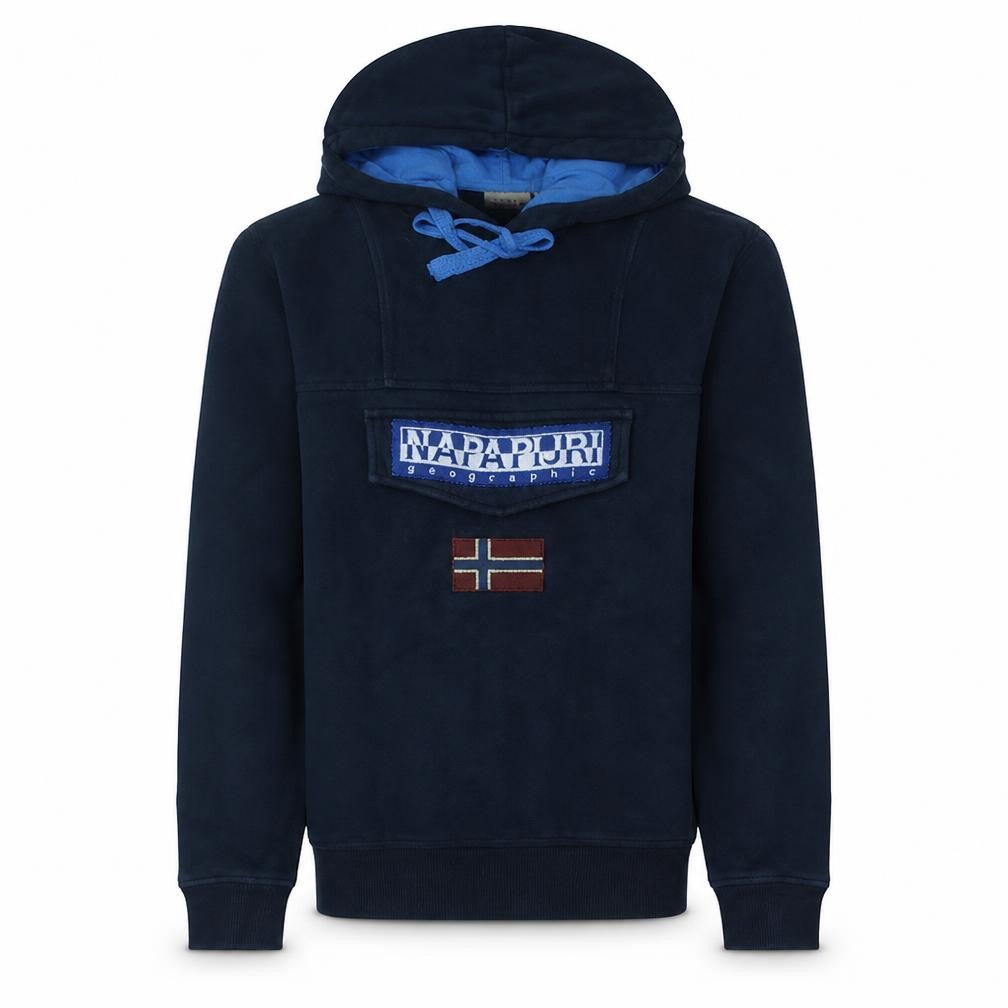 Front view of Napapijri Men’s Blue Logo Pullover Hoodie, size M