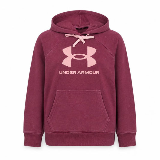 Front view of Under Armour girls’ purple pullover hoodie small fleece logo sweatshirt