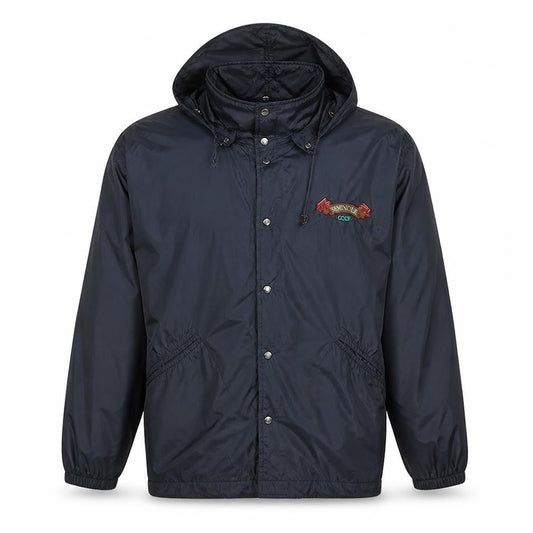 Front view of Affiniti men’s blue hooded windbreaker jacket l nylon embroidered 90s style