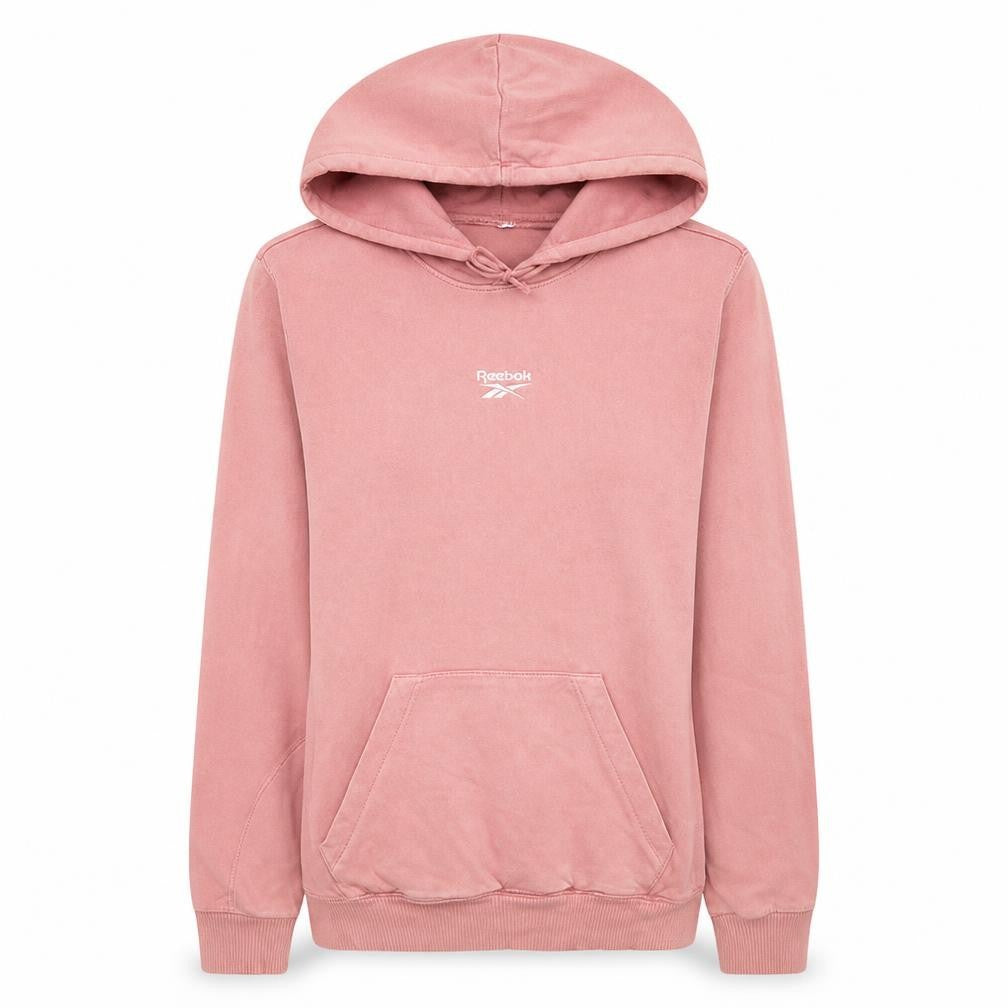Front view of Reebok women’s pink pullover hoodie sweatshirt, size M, casual cotton