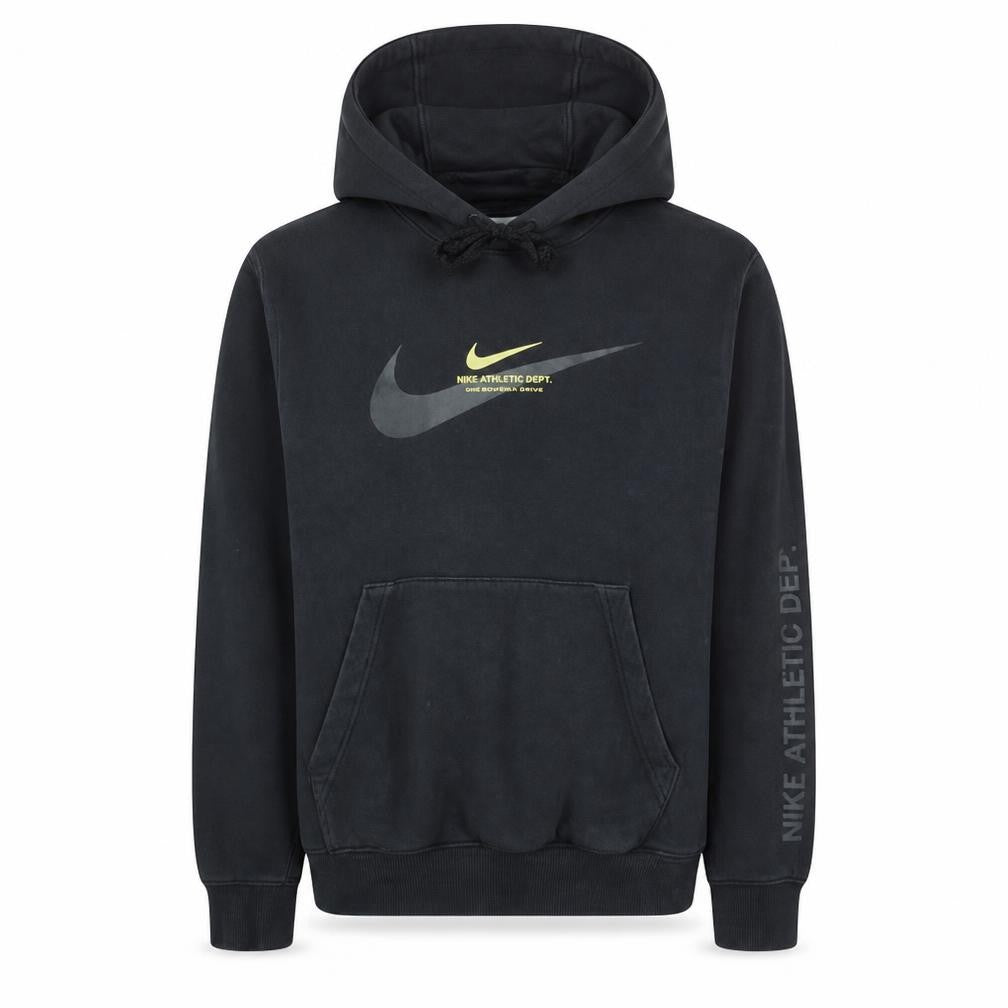 Front view of Nike Men’s Black Pullover Hoodie M Logo Athletic Dept Fleece Sweatshirt